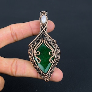 Faceted Zambian Emerald Rainbow Moonstone Pendant Copper Wire Wrapped Pendant Handmade Copper Jewelry Gift For Mom Wire Wrap Emerald Jewelry
