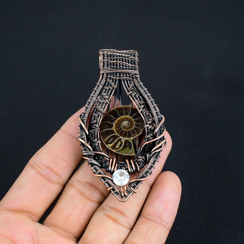 Ammonite Fossil Pendant, Natural Fossil With CZ Copper Wire Wrapped