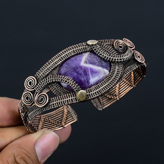 Amethyst Bracelet, Natural Amethyst Adjustable Bangle, Copper Wire Wrapped Handmade Oxidize Jewelry Wedding & Birthday Gift For Mom Wife, Gf