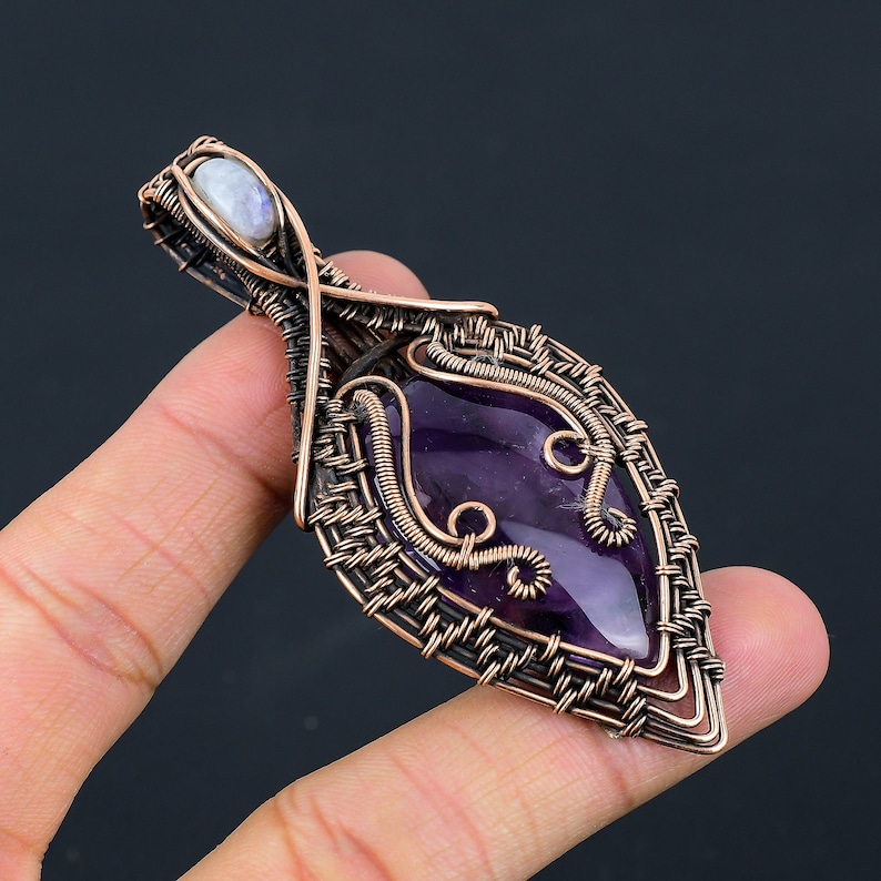 Natürlicher Amethyst, Mondstein Anhänger Kupferdraht gewickelter Anhänger Amethyst Mondstein Edelstein Anhänger Kupfer handgefertigter Anhänger Schmuck als Geschenk Bild 2