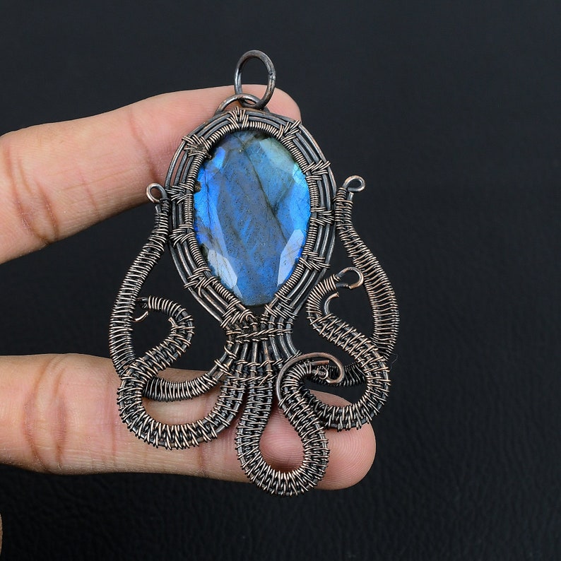Labradorite Octopus Pendant Blue Labradorite Gemstone Pendant Copper Wire Wrap Pendant Natural Crystal Healing Jewelry Gifts For Wife & Her image 1