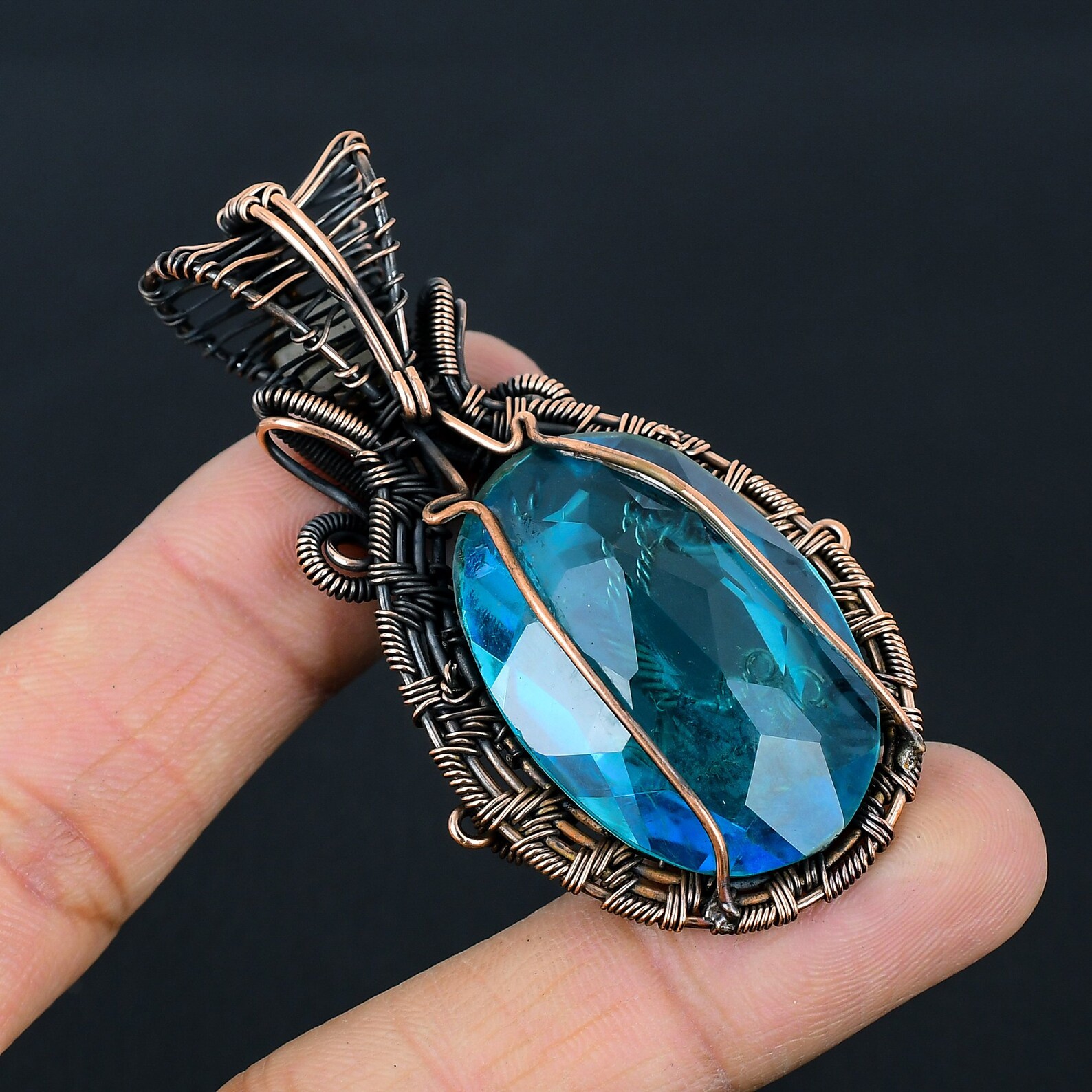 Copper Topaz Blue Topaz Pendant Copper Wire Wrapped Blue Topaz Moonstone Gemstone ...
