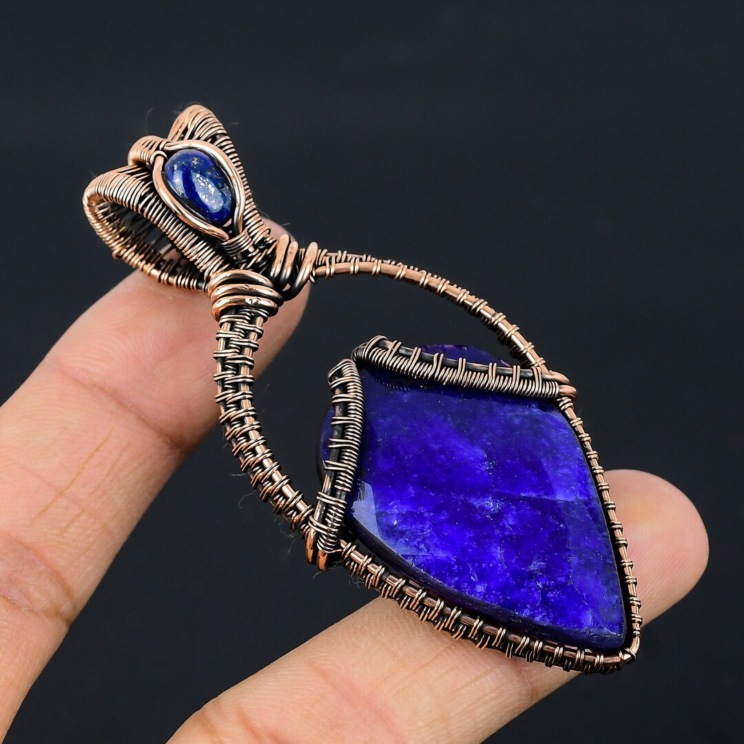 Blue Sapphire Pendant Copper Wire Wrapped Pendant Sapphire Gemstone