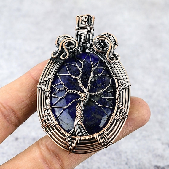 Big Blue Sapphire Gemstone Pendant, Tree Of Life Copper Wire Wrapped,  Pendant Jewelry, Sapphire Pendant, Gemstone Necklace, Birthday