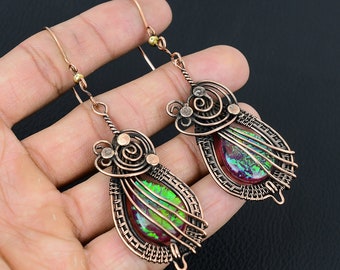 Pink Australian Triplet Opal Earrings Copper Wire Wrapped Earrings Triplet Opal Gemstone Earrings Copper Handmade Jewelry Dangle Earrings
