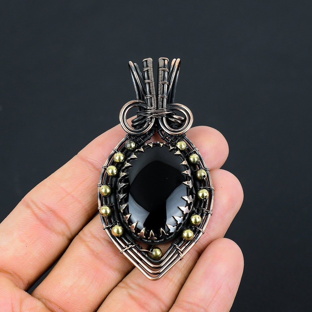 Natural Black Onyx Pendant Copper Wire Wrapped Gemstone Pendant Copper