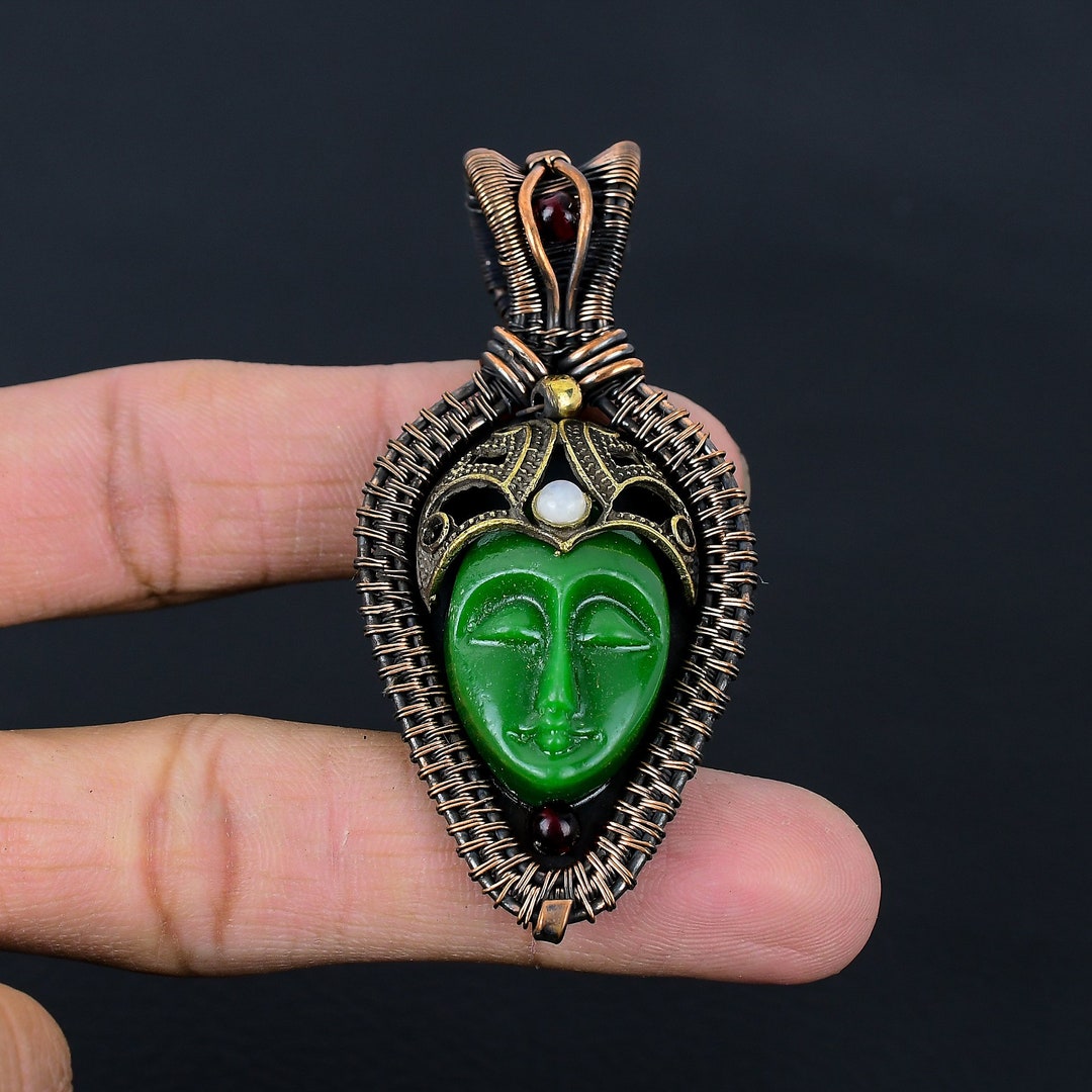 Green Carved Bone Face Pendant Copper Wire Wrapped Pendant Etsy