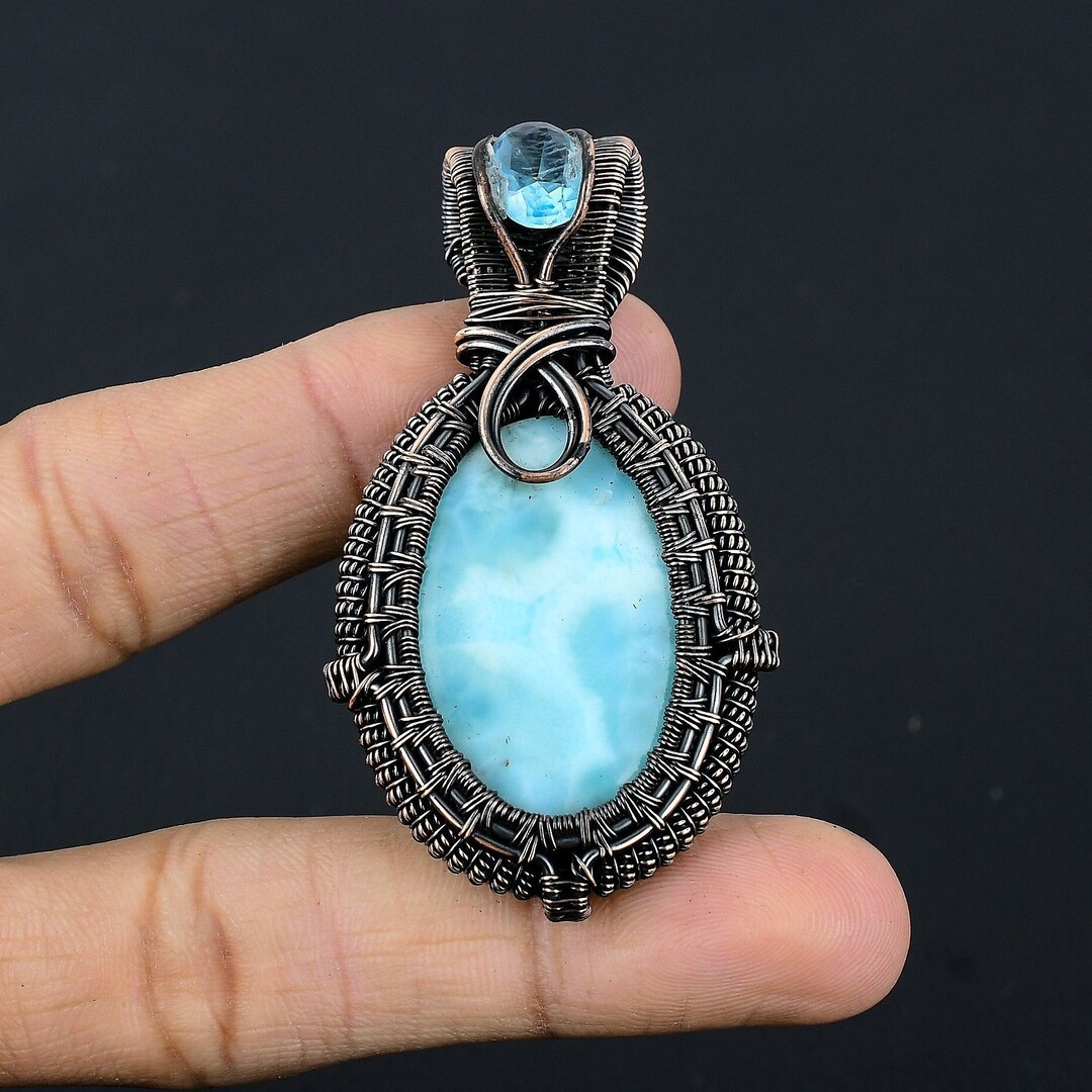 Copper Topaz Larimar Copper Pendant Blue Topaz Copper Wire Wrapped Gemstone Pendant ...