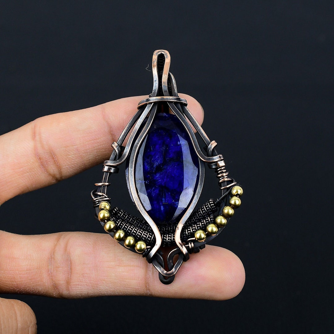 Blue Sapphire Pendant Copper Wire Wrapped Pendant Sapphire Gemstone