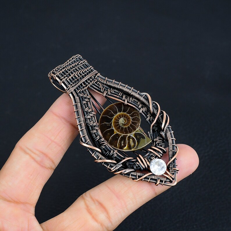 Ammonite Fossil Pendant, Natural Fossil With CZ Copper Wire Wrapped