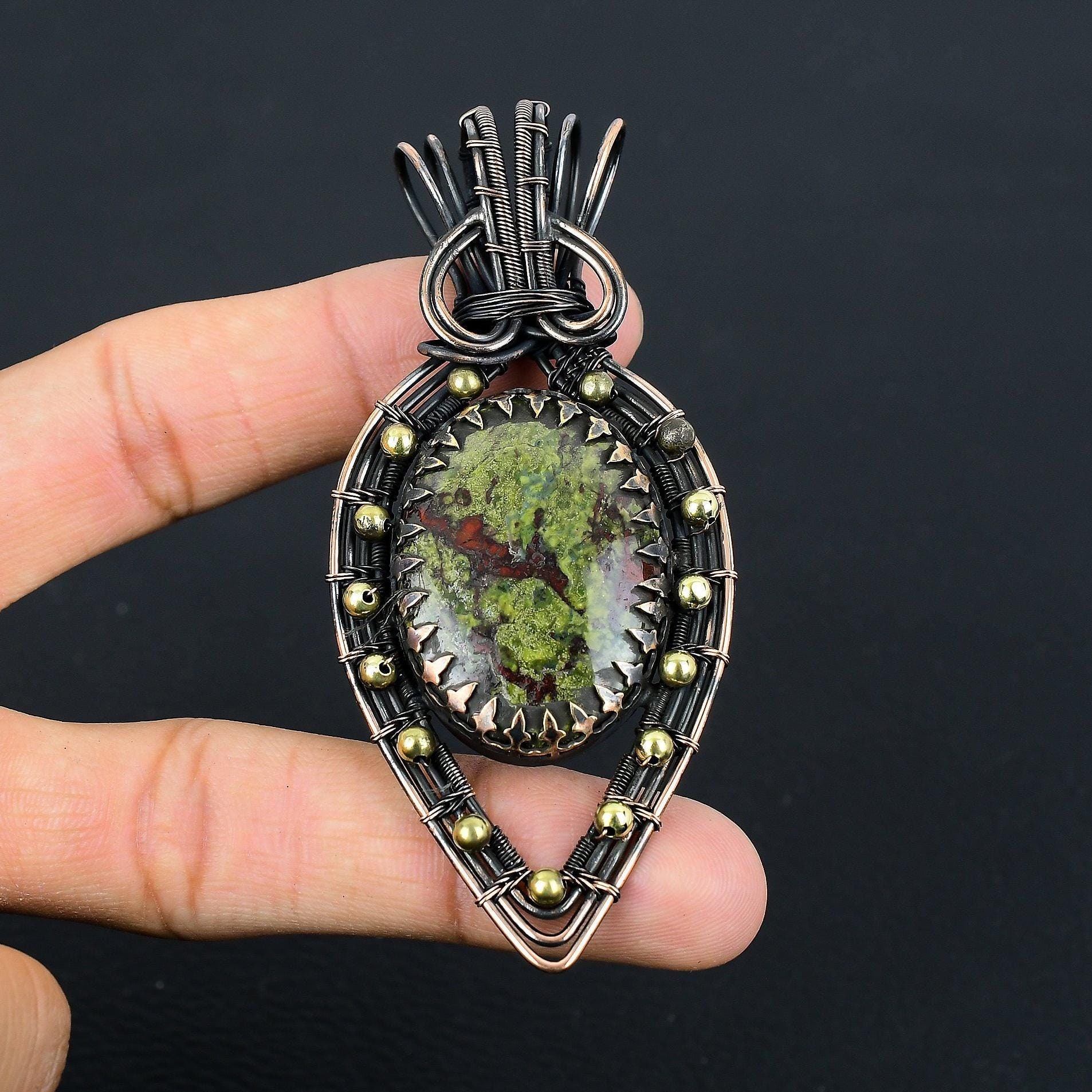 Dragon Bloodstone Pendant, Natural Dragon Blood Jasper Gemstone Copper Wire Wrapped Handmade Jewelry Unique Gifts For Dad, Mom & Wife