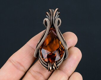 シトリンペンダント、純銅線で巻かれたペンダント、シトリン宝石