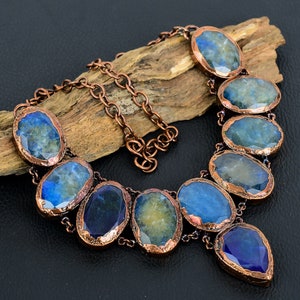 Blue Quartz Necklace, Electroformed Copper Necklace Adjustable Chain Necklace, Copper Chain Adjustable Necklace Wedding And Engagement Gift