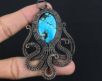 Octopus Tibetan Turquoise Pendant Turquoise Gemstone Pendant Copper Wire Wrapped Pendant Turquoise Jewelry Gift For Mother Christmas Gift