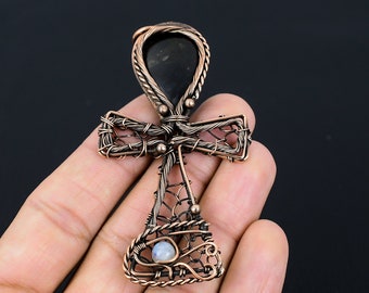 Shungit Ankh-hänge Koppartrådslindat hänge Hieroglyfisk symbol Ankh-halsband Korshänge med ädelsten Koppar Horus öga-hänge
