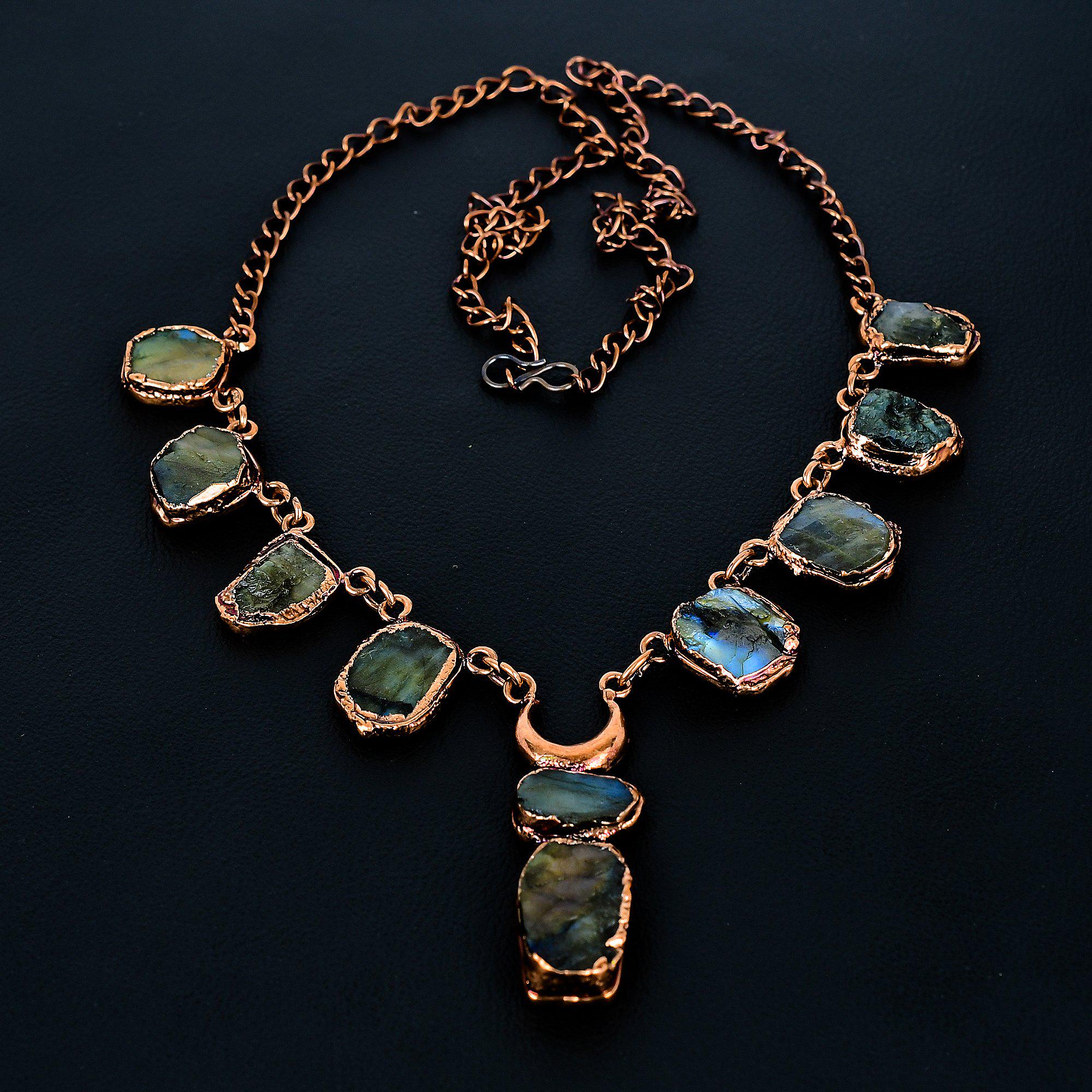Collana Choker Aperta Con Ciondolo A Goccia In Labradorite E Pietra Di Luna - Placcata Oro 18k - Foto 4
