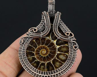 Ammonite Fossil Pendant, Copper Wire Wrapped Pendant, Rare Natural Fossil Gemstone Handmade Jewelry Pendant Unique Gifts For Him/Her