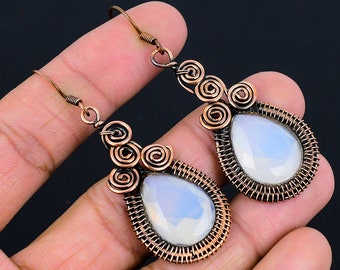 Milky Opal Earrings Copper Wire Wrapped Earrings Milky Opal Gemstone Earrings Copper Jewelry Handmade Jewelry Dangle Earrings Opal Jewelry