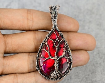 Tree Of Life Red Fire Labradorite Copper Pendant Copper Wire Wrapped Gemstone Pendant Copper Jewelry Designer Labradorite Pendant For Women