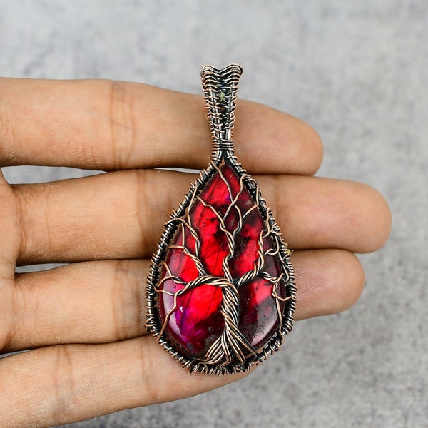 Tree Of Life Red Fire Labradorite Copper Pendant Copper Wire Wrapped Gemstone Pendant Copper Jewelry Designer Labradorite Pendant For Women