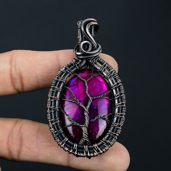 Labradorite Pendant Tree of Life Pink Flash Labradorite Gemstone Pendant Copper Wire Wrapped Pendant Healing Crystal Necklace Gifts for Her