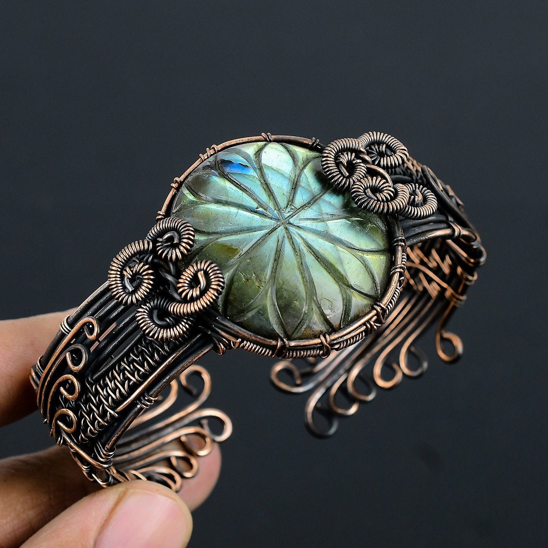 Carved Labradorite Cuff Bracelet Labradorite Bracelet Copper Wire