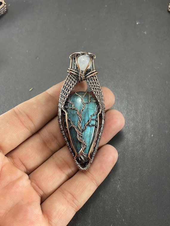 Wire Wrapped Copper Cross Pendant with Moonstone