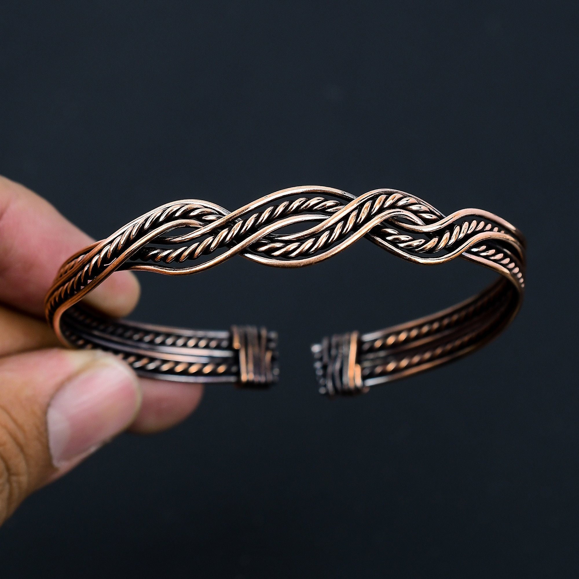 Pure Oxidized Copper Cuff Men Bracelet Wire Wrapped Cuff Bracelet