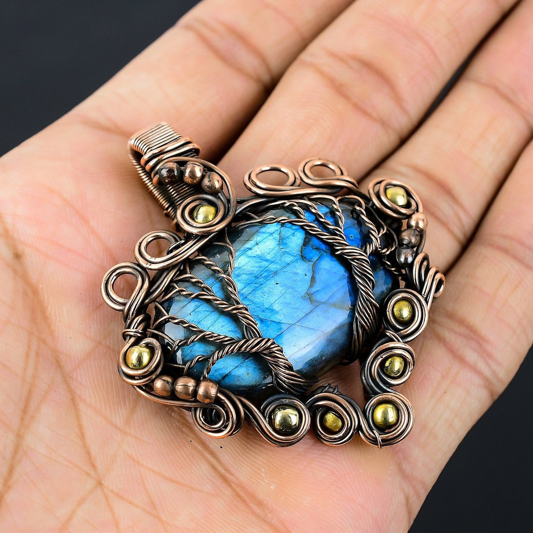 Ciondolo in rame con albero della vita in labradorite - Pietra preziosa avvolta in filo metallico - Italia