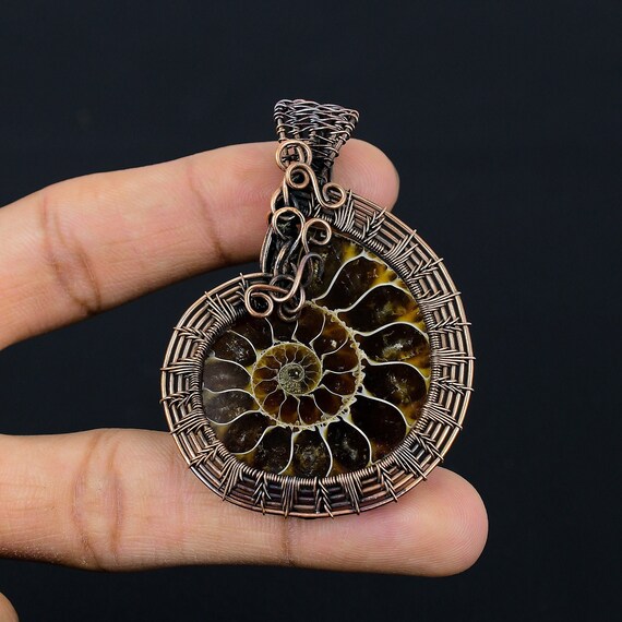 Handcrafted Copper Wire Wrapped Ammonite Fossil Pendant - Brown Gemstone Jewelry