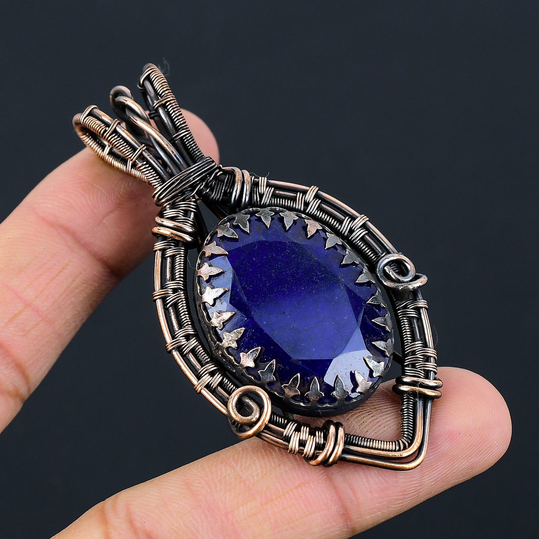 Blue Sapphire Pendant Copper Wire Wrapped Pendant Sapphire Gemstone