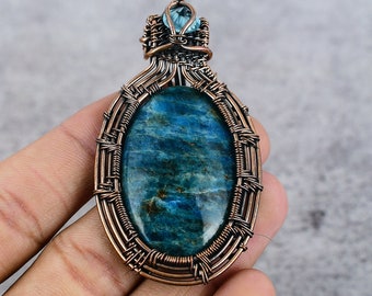 Neon Blue Apatite Gemstone Pendant Pendant Copper Wire Wrapped Pendant Copper Pendant Jewelry Designer Pendant For Women Gift For Her Mother