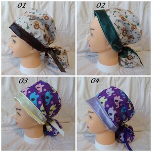 Satin Lined Ponytail Scrub Caps, Animal Ponytail Scrub Caps, Medical Caps, Surgeon Hats, Scrub Caps with or without Buttons