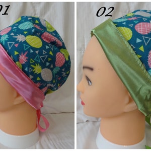 Satin Lined Scrub Cap, Pineapple Lined Scrub Cap, Medical Cap, Surgeon Hat, Scrub Cap for Women or Men, Scrub Cap with or without Buttons