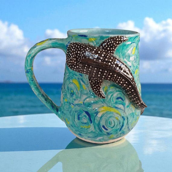 Made to Order, Hand-Sculpted Whale Shark Mug: Van Gogh-Inspired 3D Stoneware