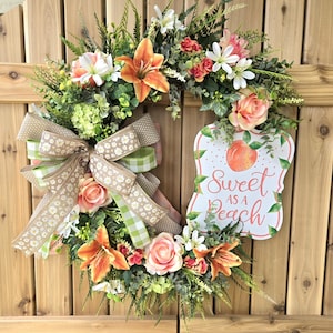 Floral Grapevine Wreath: Peach Decor, Spring Door Wreath