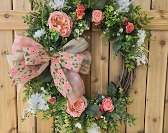 Spring Grapevine Wreath: 18" Front Door Decor with Bow