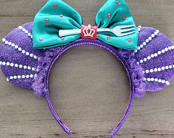 Orejas de Mickey y Minnie Mouse inspiradas en La Sirenita de Aryel, hechas a mano.