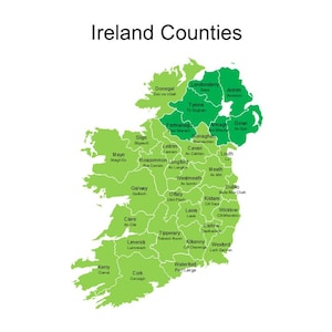 Bearbeitbare Landkarte von Irland mit ihren Grafschaften und Provinzen - inklusive Ulster, Connacht, Leinster, Munster, Grafschaftsnamen in Englisch und Irisch