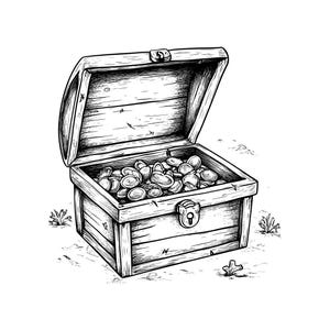 Treasure Chest Clipart – Pirate Map Style | Black & White Cartoon | PNG, SVG, PowerPoint | No Background, Vector Line Art