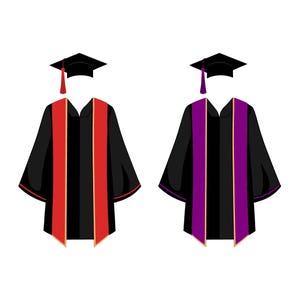 Clipart afstudeerjurk en pet – rood en paars | Egale kleur PNG, SVG, PPT | Afstudeerafbeeldingen voor kaarten, knutselwerkjes en presentaties
