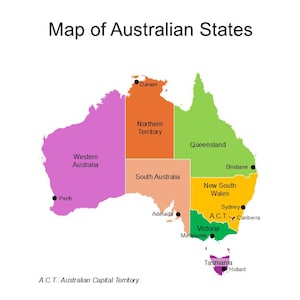 Bewerkbare PowerPoint-kaart van Australië met staten en hoofdsteden – aanpasbaar voor projecten, onderwijs en bedrijven