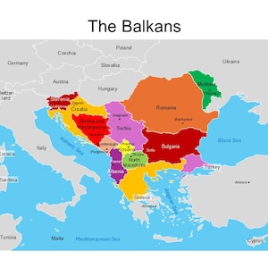 Mapa de PowerPoint editable de los Balcanes, incluidos Albania, Bosnia y Herzegovina, Bulgaria, Croacia, Kosovo, Montenegro y Macedonia del Norte.