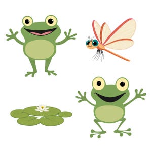 Pacote de clipart de sapo – PNG, SVG, PowerPoint, libélula PNG svg, arte digital de lírio, ilustração de sapo fofo, clipart de vida no lago...