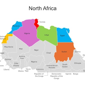 Carte PowerPoint modifiable de l'Afrique du Nord, comprenant : le Sahara occidental, le Maroc, l'Algérie, la Tunisie, la Libye, l'Égypte, le Soudan et les pays environnants.