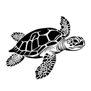 May include: Black and white silhouette of a sea turtle with its head turned to the side. The turtle has a detailed shell and flippers.