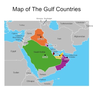 Carte PowerPoint modifiable des pays du Golfe, y compris : Bahreïn, Koweït, Irak, Oman, Qatar, Arabie saoudite et Émirats arabes unis