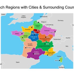 Bearbeitbare Powerposparde-Karte von französischen Regionen, Städten und den umliegenden Ländern - einschließlich Auvergne-Rhône-Alpes, Bourgogne-Franche-Comté ...