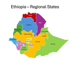 Mapa de Etiopía editable en PowerPoint con regiones / Plantilla de mapa de Etiopía personalizable para presentaciones en PowerPoint