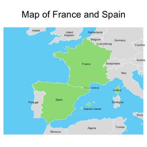 Bearbeitbare Landkarte von Frankreich & Spanien mit den Regionen und den umgebenden Ländern